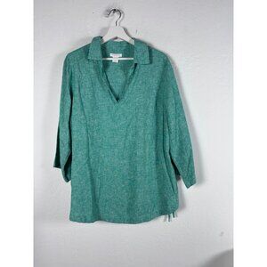 Isaac Mizrahi Womens Green Linen Blend Collared Tunic Top 1X V-Neck 3/4 Sleeve